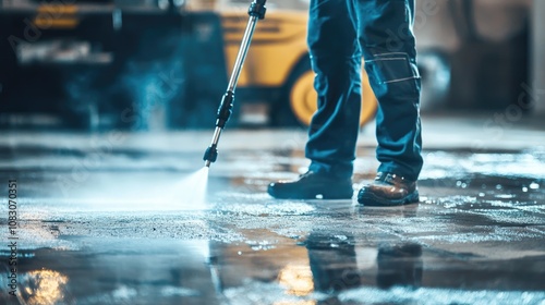 Close up of a worker using a pressure washer to clean a driveway showcasing professional cleaning techniques and effective deep cleaning with high pressure