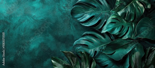 Tropical leaf artwork on a textured backdrop serving as photo wallpaper within a room s interior design