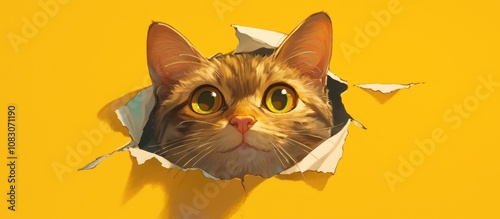 Portrait of a cat emerging from torn yellow paper featuring a hole with jagged edges ideal for showcasing animal food or veterinary services in an advertisement photo