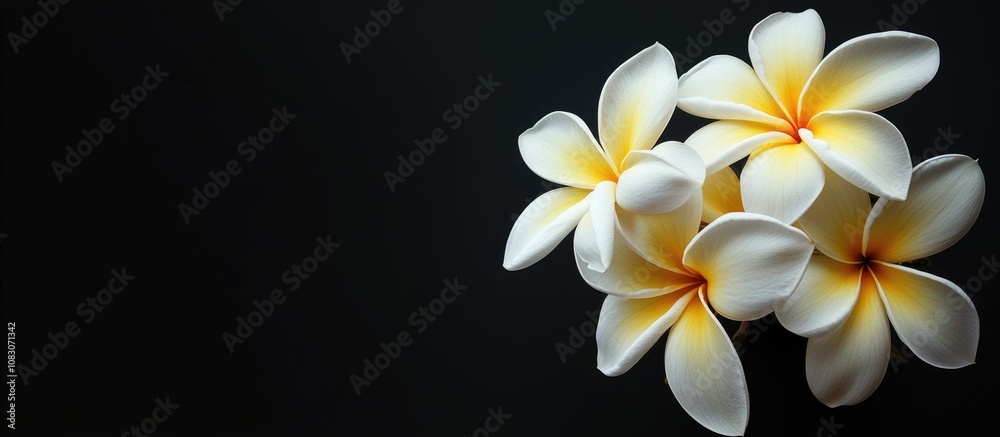 Obraz premium Close up of a bouquet featuring single white yellow plumeria flowers isolated against a black background