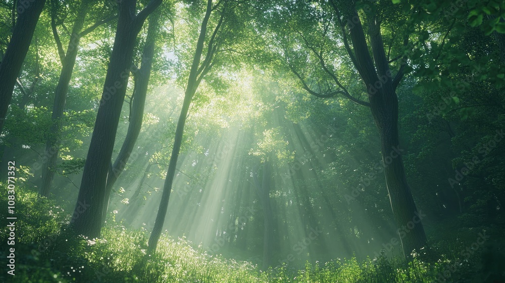 Obraz premium Sunlight filtering through the forest illuminating the trees