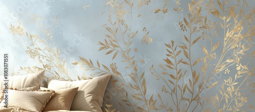 3D mural painting featuring golden tree branches and leaves on a light blue background ideal for enhancing bedroom decor