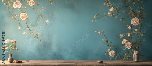 3D rendering of a Chinese rose painting set against a decorative wall mural backdrop