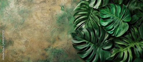 Tropical leaf artwork on a textured backdrop serving as photo wallpaper within a room s interior design