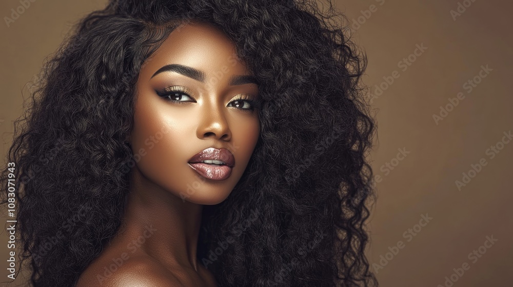 Fototapeta premium Stunning woman of African descent featuring long curly hair and elegant makeup
