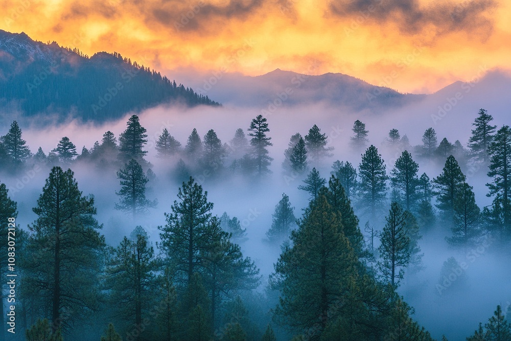 Obraz premium Early morning fog over a lush green valley with trees