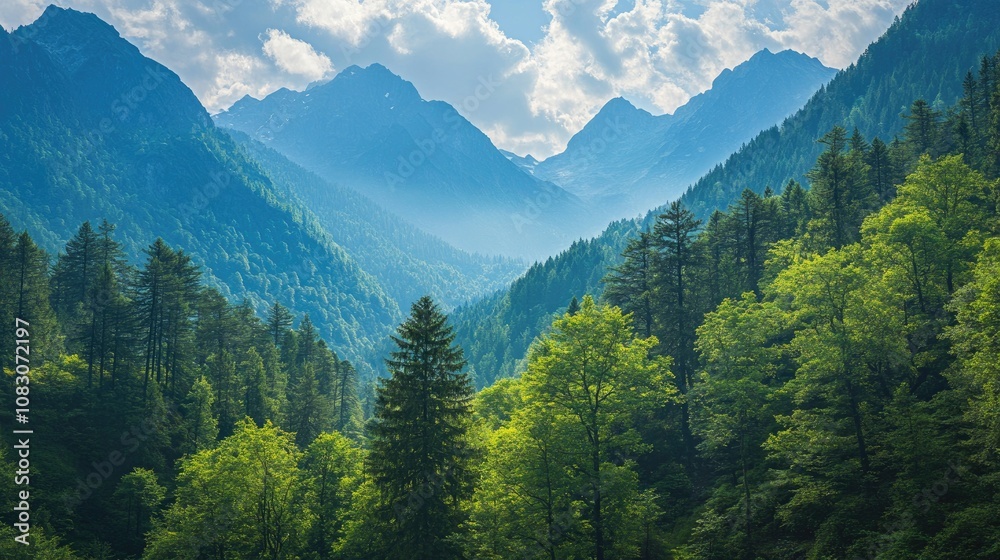 Fototapeta premium Majestic mountain summits surrounded by a lush pine forest at their foothills