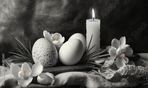 Still life composition featuring eggs peppers crocus bulbs and candlelight depicted in a pencil sketch with black and white tones and selective colorization