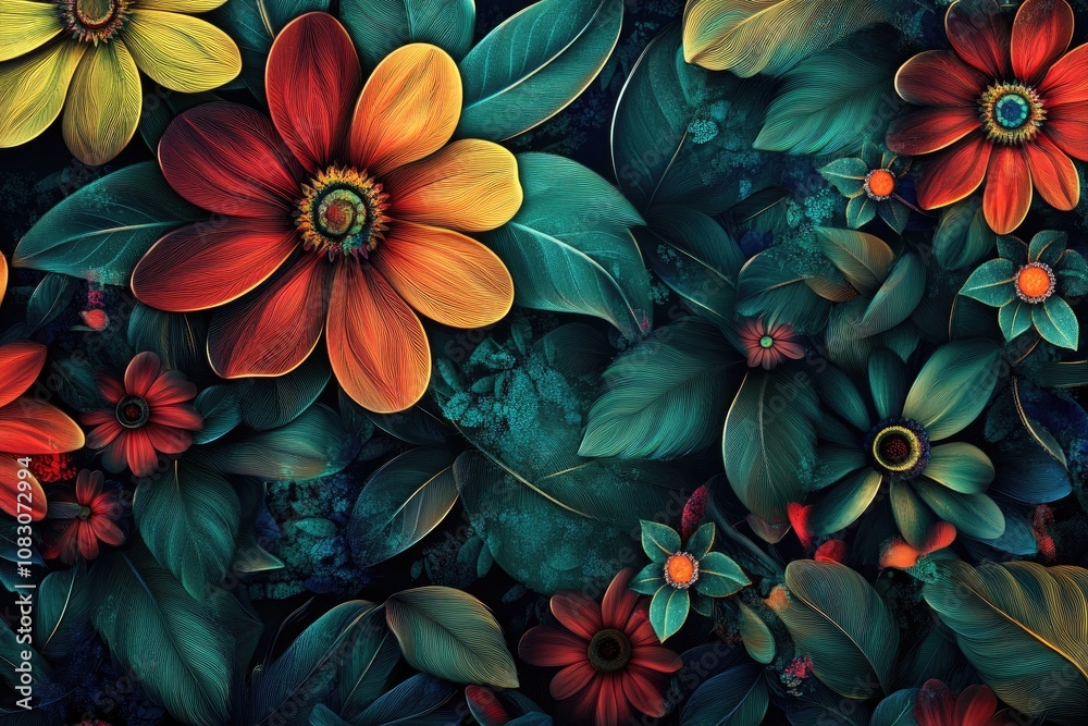 Fototapeta premium Vibrant high resolution floral field background featuring an intricate decorative flower design in shades of green red and blue creating a striking and original composition