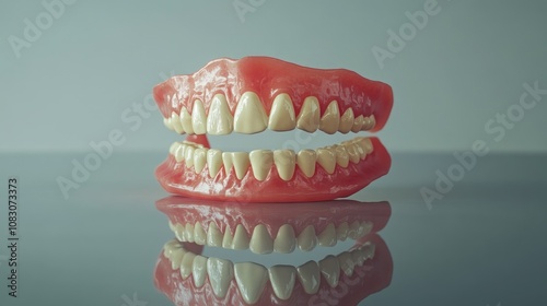 Dentures for elderly healthcare dental implants for clinics featuring a set of prosthetic teeth on a reflective gray background highlighting oral care and prosthetic dentistry concepts photo