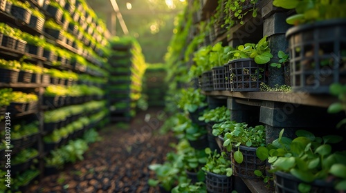 Modern nursery with vertical rows of green plants under controlled lighting for sustainable agriculture photo