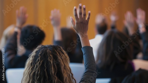 Group of businesswomen at a seminar all raising their hands The focus is on their hands from a rear view of the audience participating in the event photo