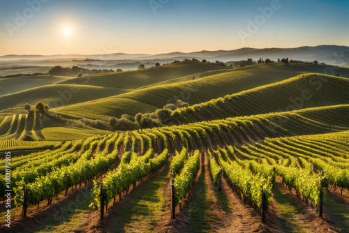 Wallpaper Mural Lush green vineyard rows with rolling hills under a sunrise sky. Torontodigital.ca