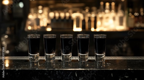 Four glasses of black vodka lined up on a bar countertop photo