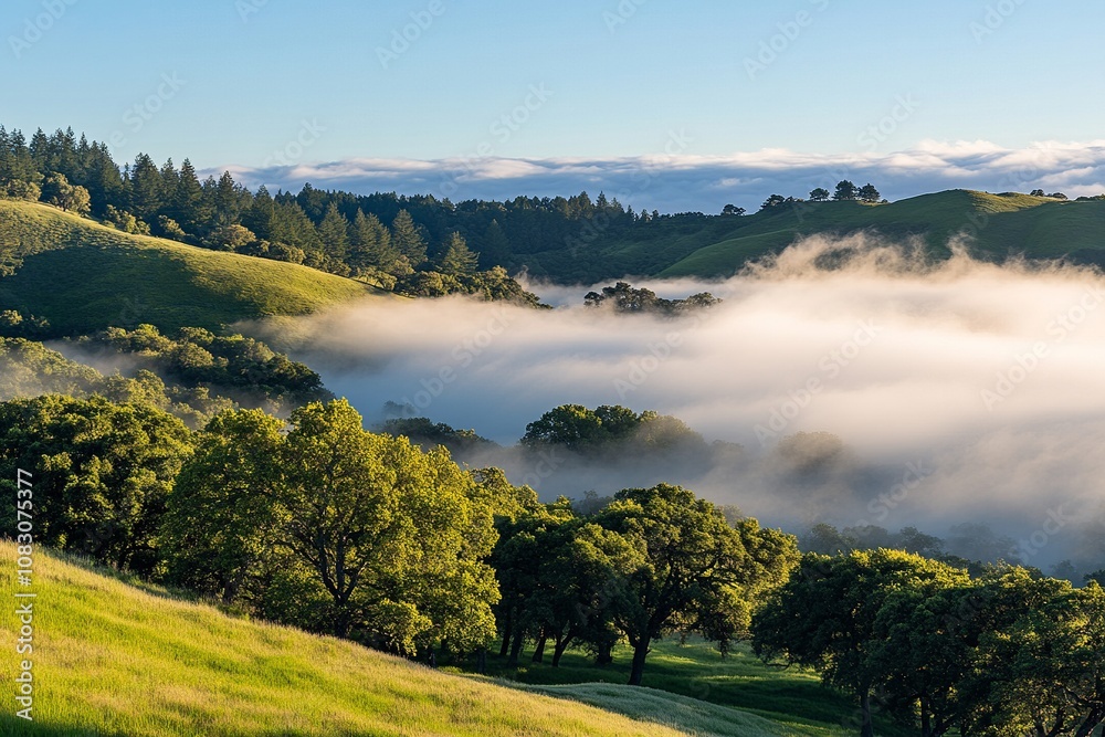 Obraz premium Serene fog blanketing a green valley with trees at dawn