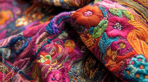 Vibrant cotton threads woven into a textile fabric showcasing intricate patterns and rich colors photo