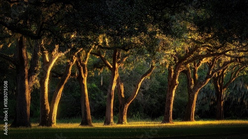 Glowing Back Lit Trees In A Grove Lit Up By Sunset Light On A Summer S Day In South Carolina photo