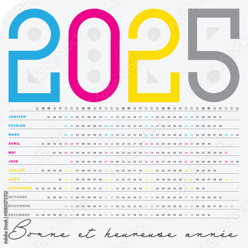 Calendrier 2025, Design creatif coloré cmjn avec Dates Horizontales