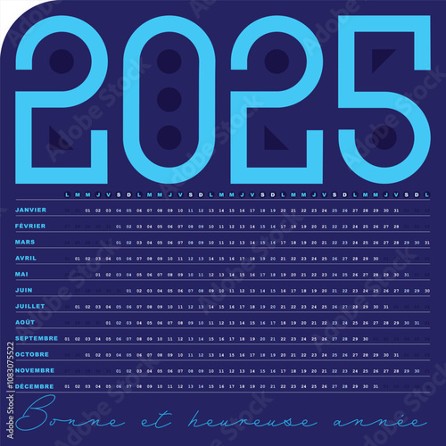 Carte bleu avec Calendrier 2025, Dates Horizontales