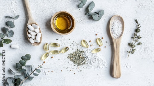 Fish oil omega 3 capsules alongside white and gray pools with oil and powder on spoons and an eucalyptus branch on a rustic white backdrop Concept of health and beauty photo