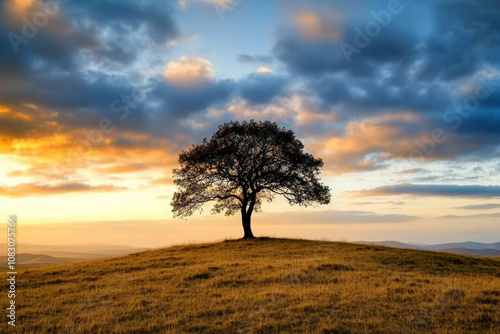 A lone tree on a hill at sunset, muted blues and neutral tones