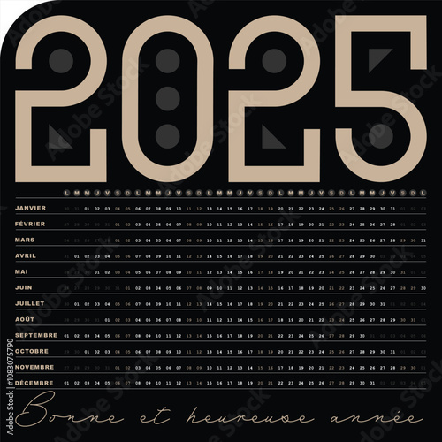 Calendrier 2025, Design simple et Minimaliste avec Dates Horizontales