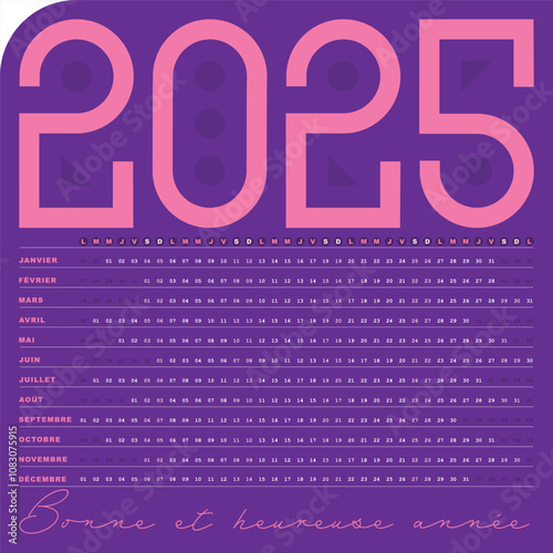 Calendrier 2025, Design creatif violet avec Dates Horizontales