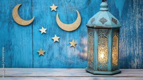 Eid ul Adha celebration Arabic lantern casting light on a wooden table adorned with crescent moon and star decorations photo