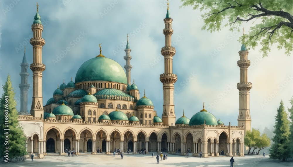 Obraz premium This stunning image showcases a grand mosque with intricate architecture, featuring multiple towering minarets and a large, domed roof adorned with vibrant green hues. The serene atmosphere is