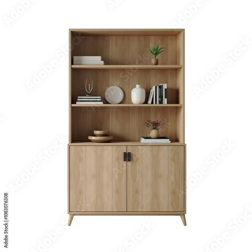 Wallpaper Mural wooden cabinet with shelves and decorative objects.Isolated PNG Torontodigital.ca