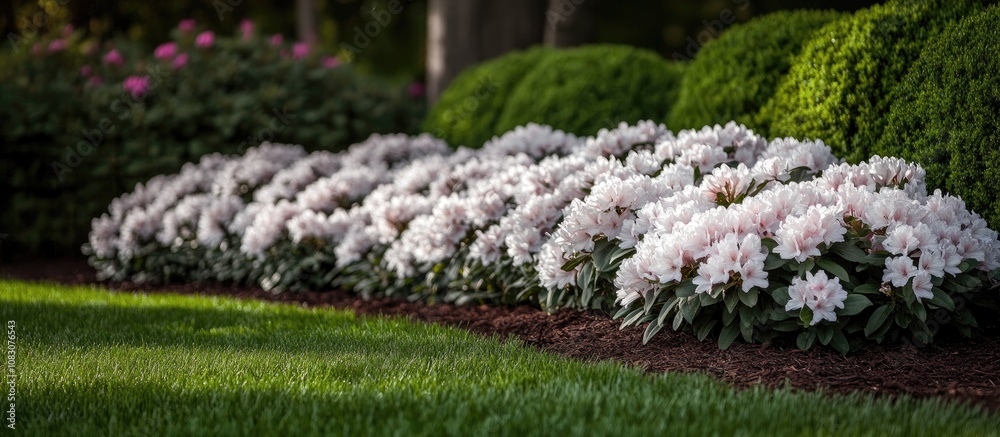 Obraz premium Blooming rhododendron bush adorned with delicate pale pink flowers in a vibrant suburban flower bed enhancing garden beauty