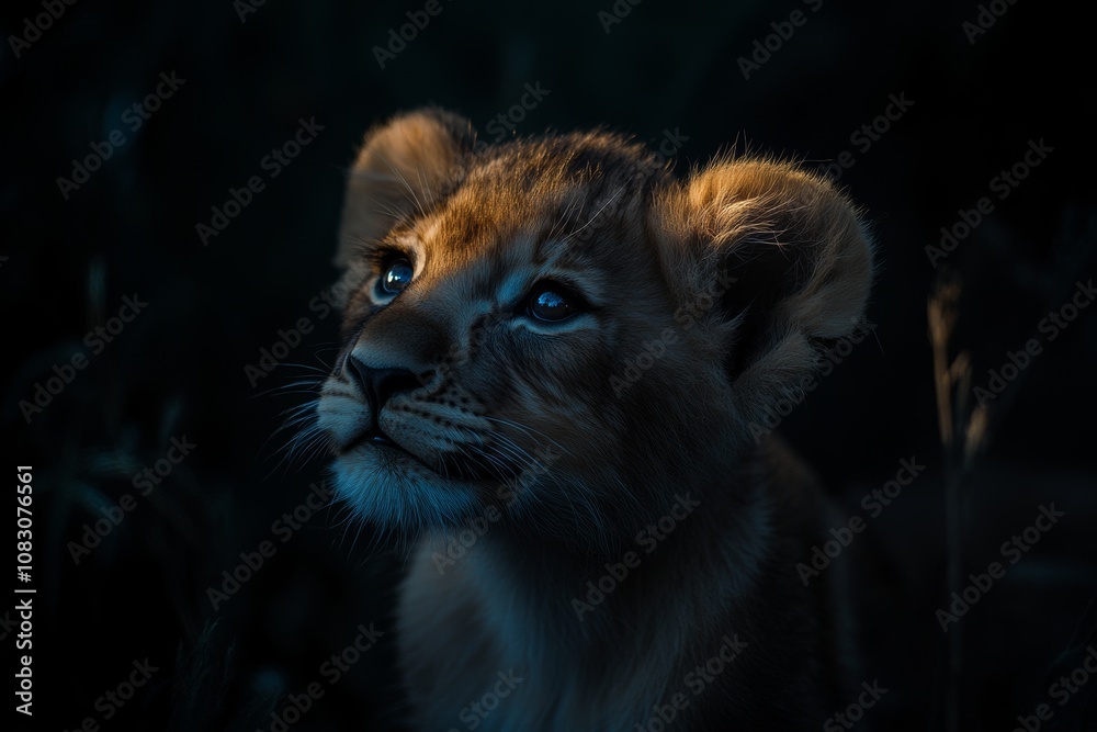 Obraz premium Close-up of a baby lion illuminated by rim lighting against a dark background, showcasing its detailed features and expressive gaze