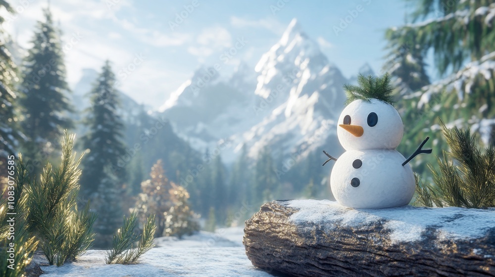 Obraz premium Joyful Snowman Perched on a Snowy Log, Majestic Mountains in the Background