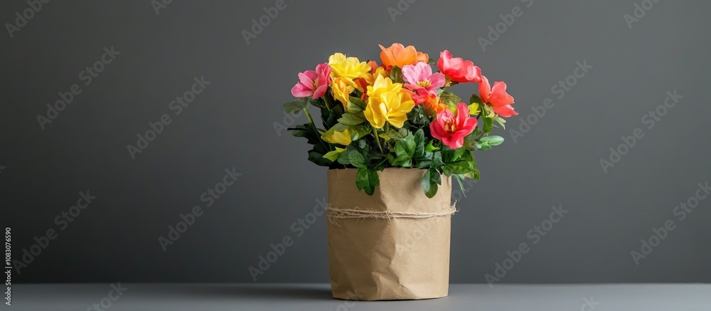 Obraz premium Artificial flower potted in stylish brown paper enhancing workplace aesthetics and creating a calming atmosphere