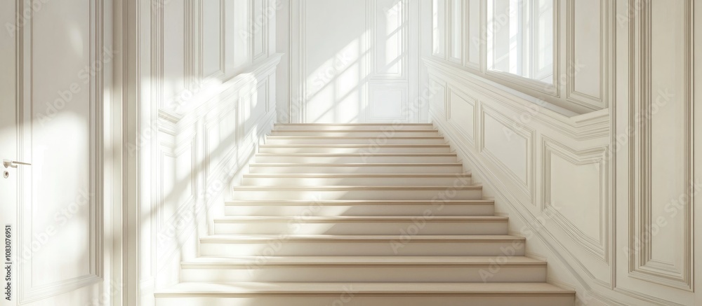 Fototapeta premium Bright hallway featuring pristine white walls and elegant wooden stairs ideal for showcasing interior design elegance