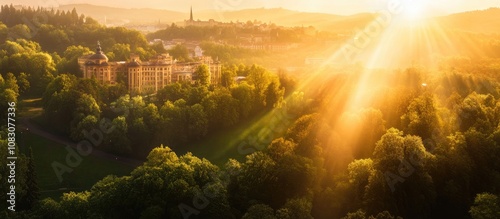 Aerial view of a vibrant city surrounded by lush greenery during summer showcasing urban landscape and natural beauty photo