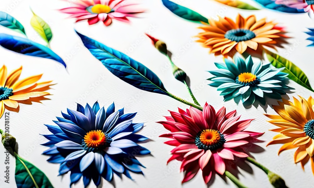 Obraz premium Stunning floral artwork featuring vivid colors, cosmic elements. Delicate petals, rich foliage create magical atmosphere. For designs needing blend of elegance, fantasy, poster, greeting card, print.