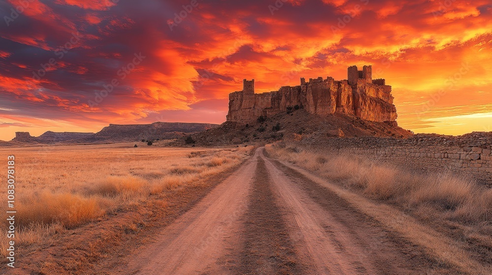 Fototapeta premium Dirt road leading to ancient city ruins under vibrant sunset sky