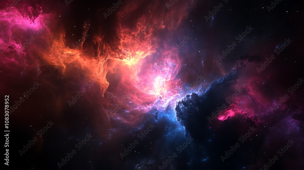 Obraz premium Beautiful swirling red and blue nebula with stars in space.