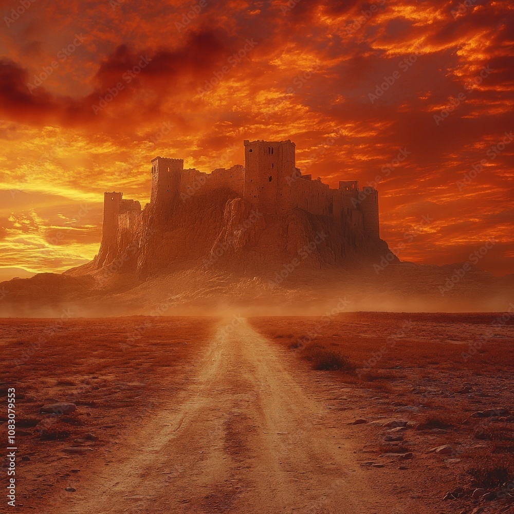 Obraz premium Dirt road leading to ancient city ruins under vibrant sunset sky