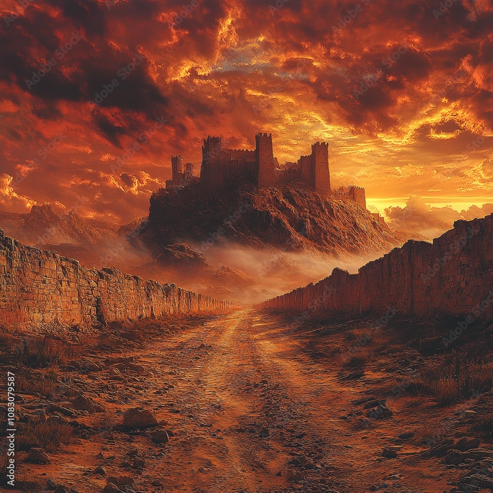 Fototapeta premium Dirt road leading to ancient city ruins under vibrant sunset sky