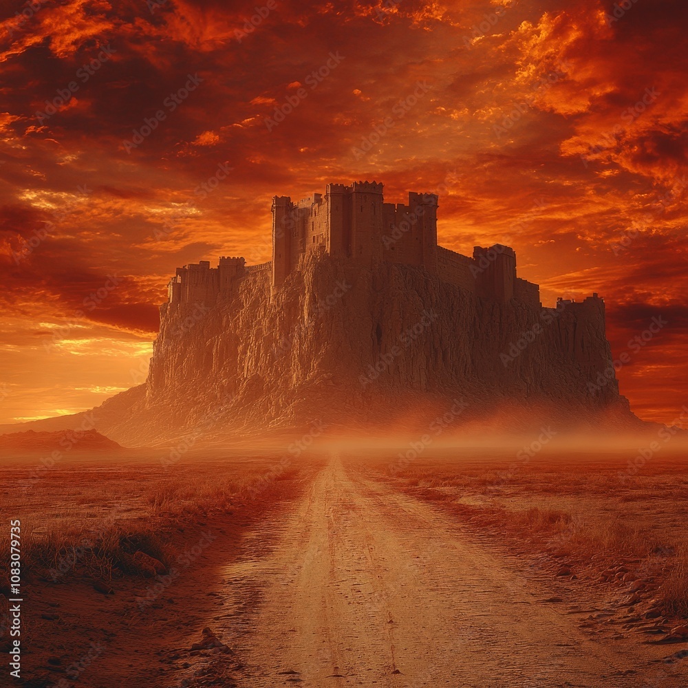 Fototapeta premium Dirt road leading to ancient city ruins under vibrant sunset sky