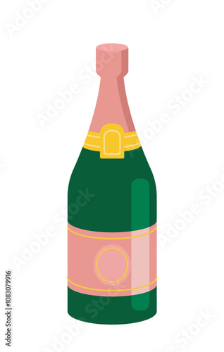 Bottle of champagne. Alcoholic drink and beverage. Prosecco and chardonnay. Restaurant menu. Trendy wine bottle for event. Flat vector illustration isolated on white background