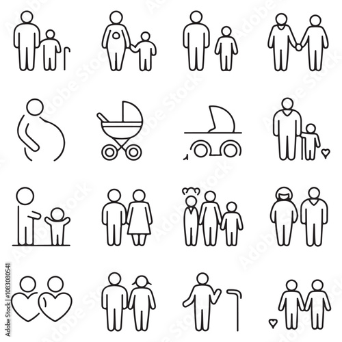 Minimalist Line-Art Family & Caregiving Icons - Parents, Children, Pregnancy, Elderly, Strollers - Monochrome Digital Illustrations for Print & Web