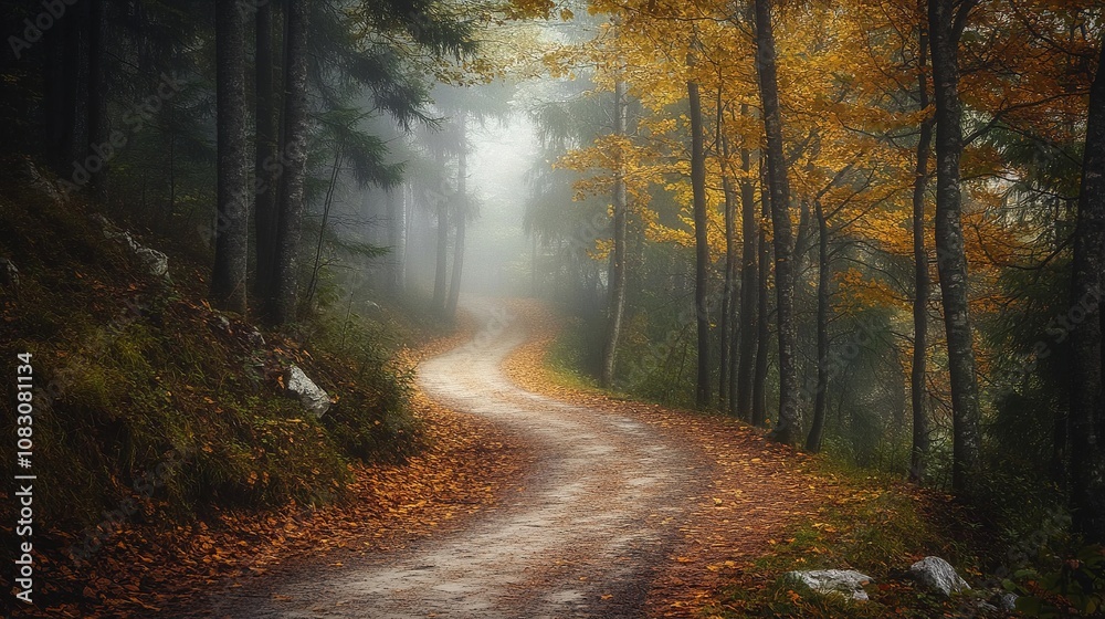 Fototapeta premium Foggy morning covering a peaceful valley with dense trees