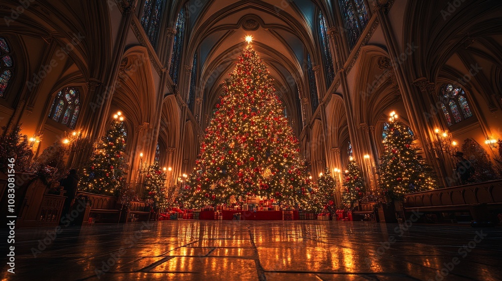 Fototapeta premium Majestic Christmas tree in a grand cathedral setting