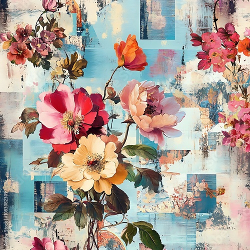 Vibrant Floral Collage with Abstract Background