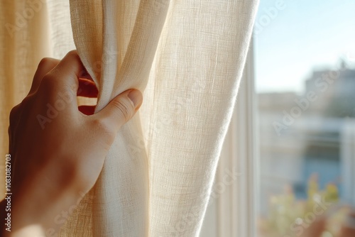 A person's hand draws back a beige curtain to reveal a cityscape beyond, highlighting a moment of transition between private and public spheres, filled with daily life.