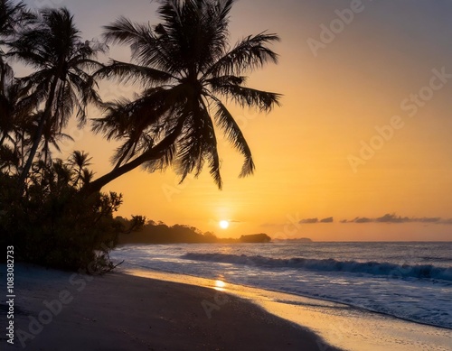 Tropical Sunset Over a Remote Beach With Palm Trees Silhouetted Against the Golden Horizon, While the Ocean Waves Gently Lap the Shoreline Under a Vibrant Orange Sky