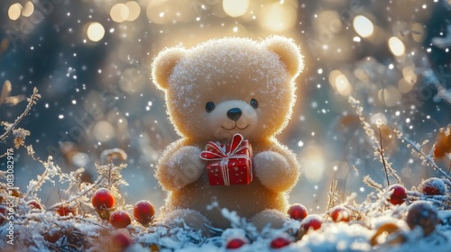A snow-covered teddy bear holding a gift amidst a winter wonderland.
